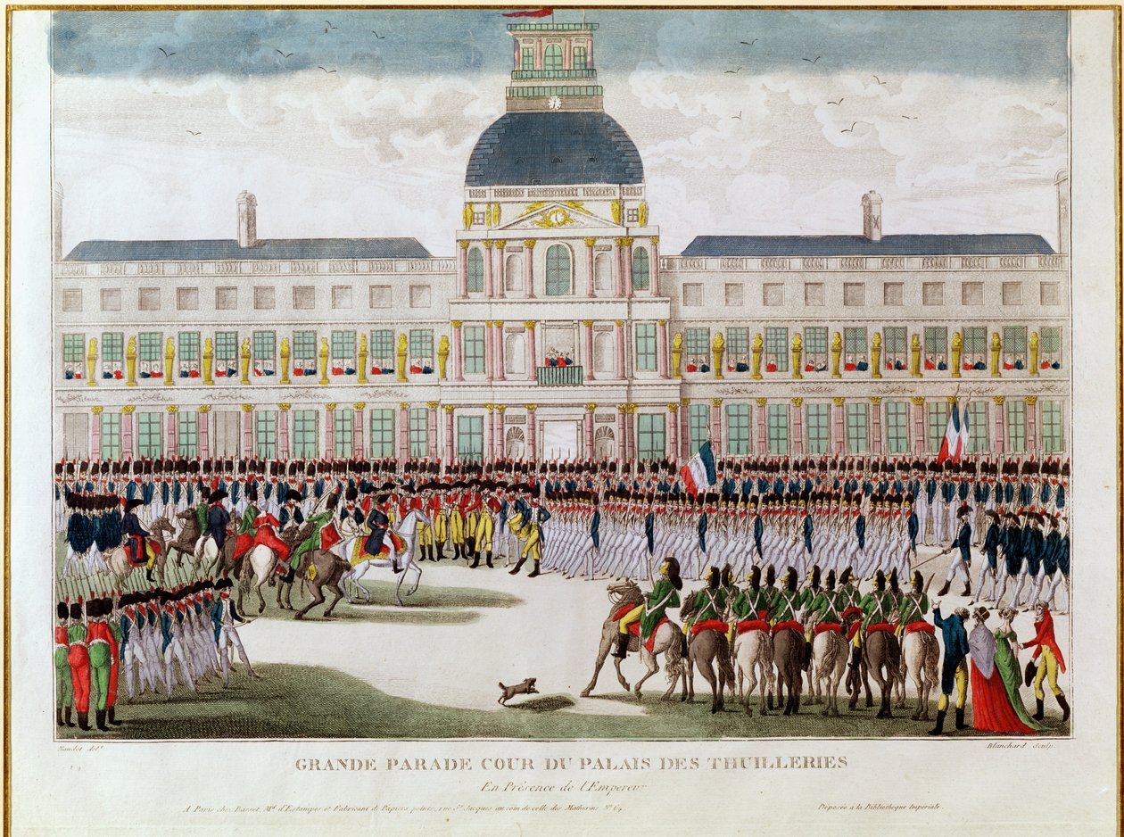 Parade im Hof des Palais des Tuileries in Anwesenheit des Kaisers, graviert von Blanchard von Thomas Naudet