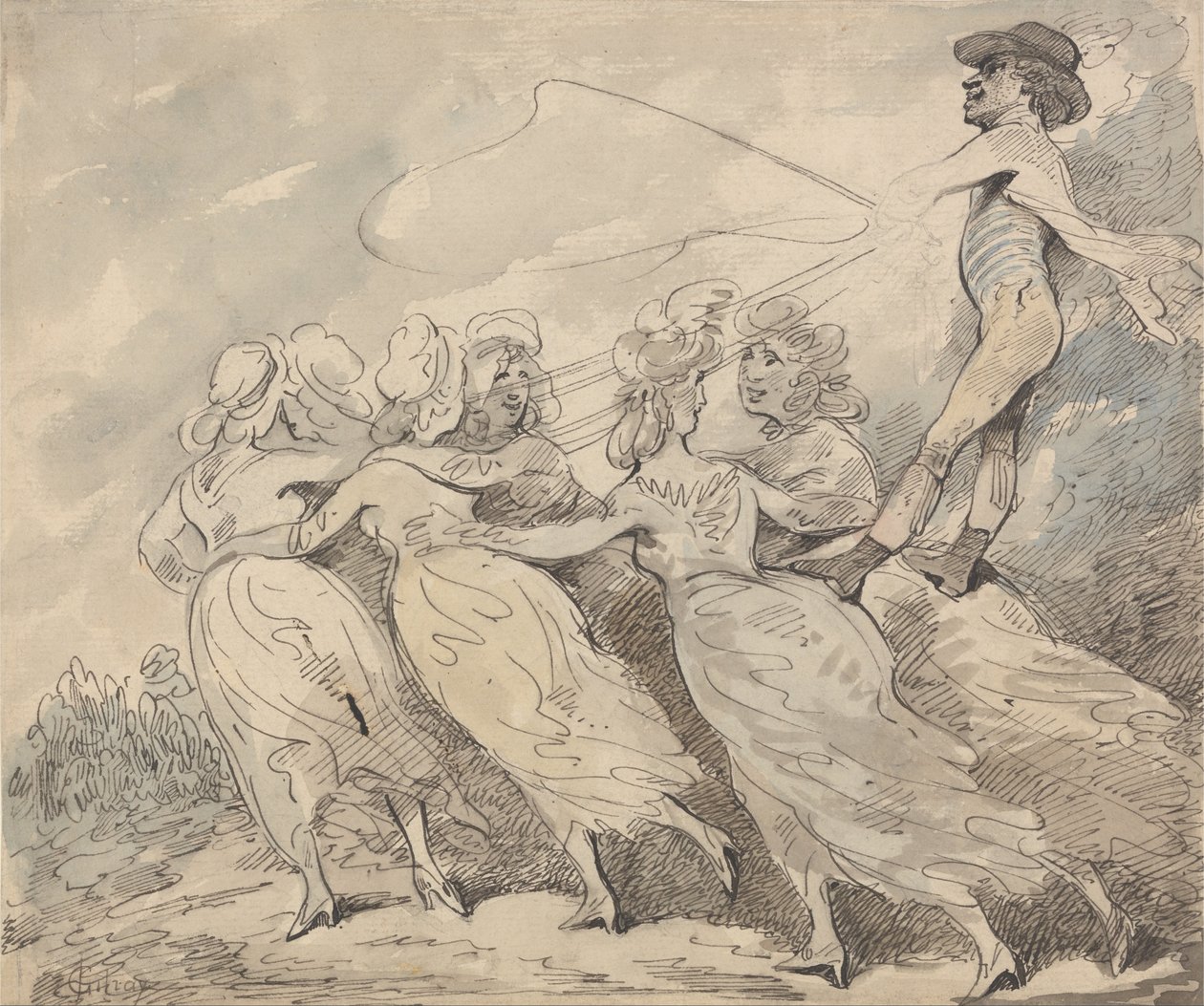 Ein Mann, der ein Team von sechs Mädchen führt von Thomas Rowlandson