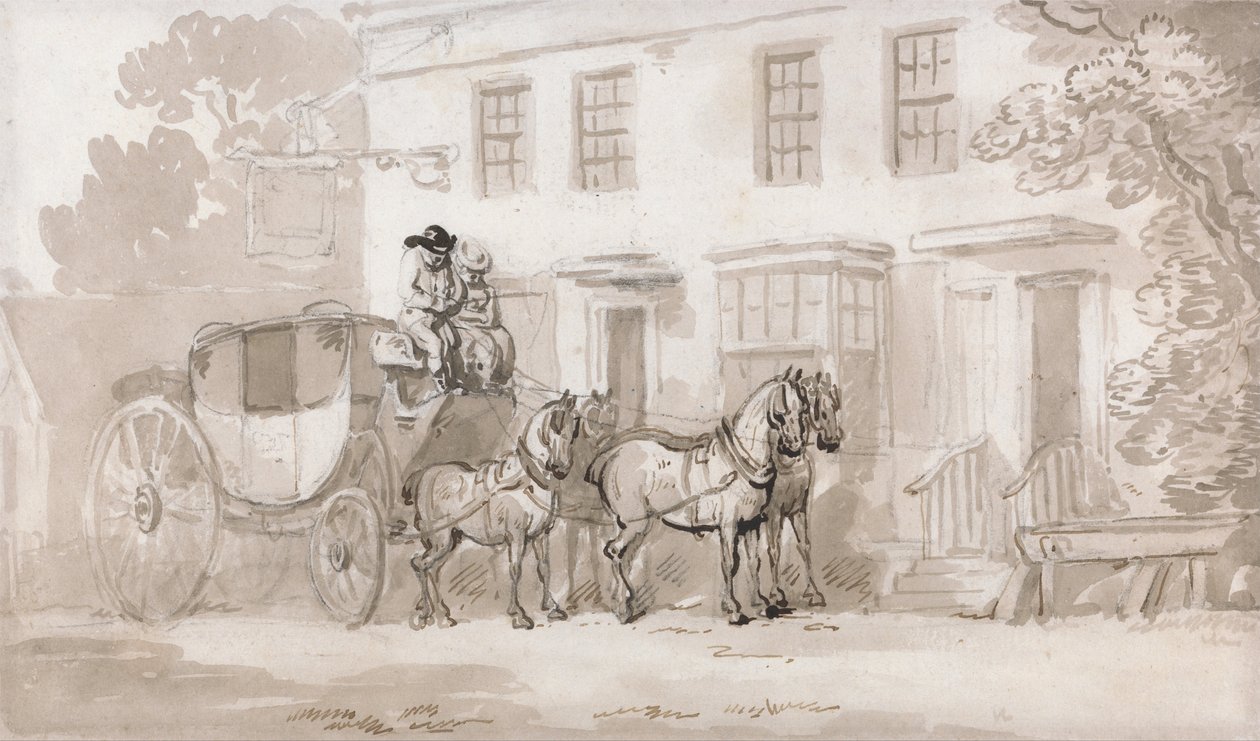 Eine Postkutsche vor dem Eingang eines Gasthauses von Thomas Rowlandson