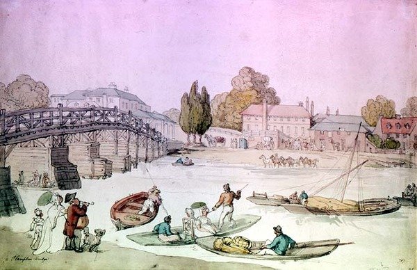 Hampton Bridge mit Punts und Lastkähnen von Thomas Rowlandson