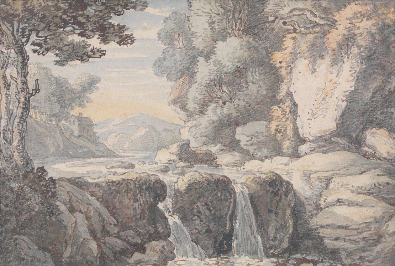 Flusslandschaft mit Wasserfall von Thomas Rowlandson