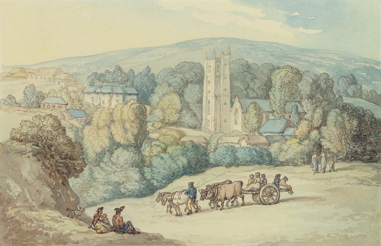 Die Kirche und das Dorf St. Cue, Cornwall, ca. 1812 von Thomas Rowlandson
