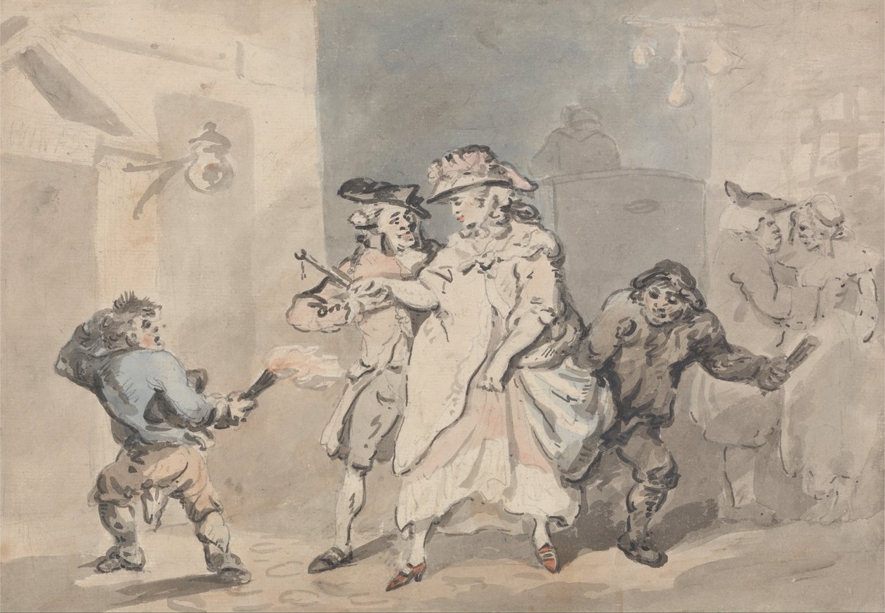 Die Gasthaustür (Ein Mann wird von zwei Fackelträgern zu einer Tür links eskortiert) von Thomas Rowlandson