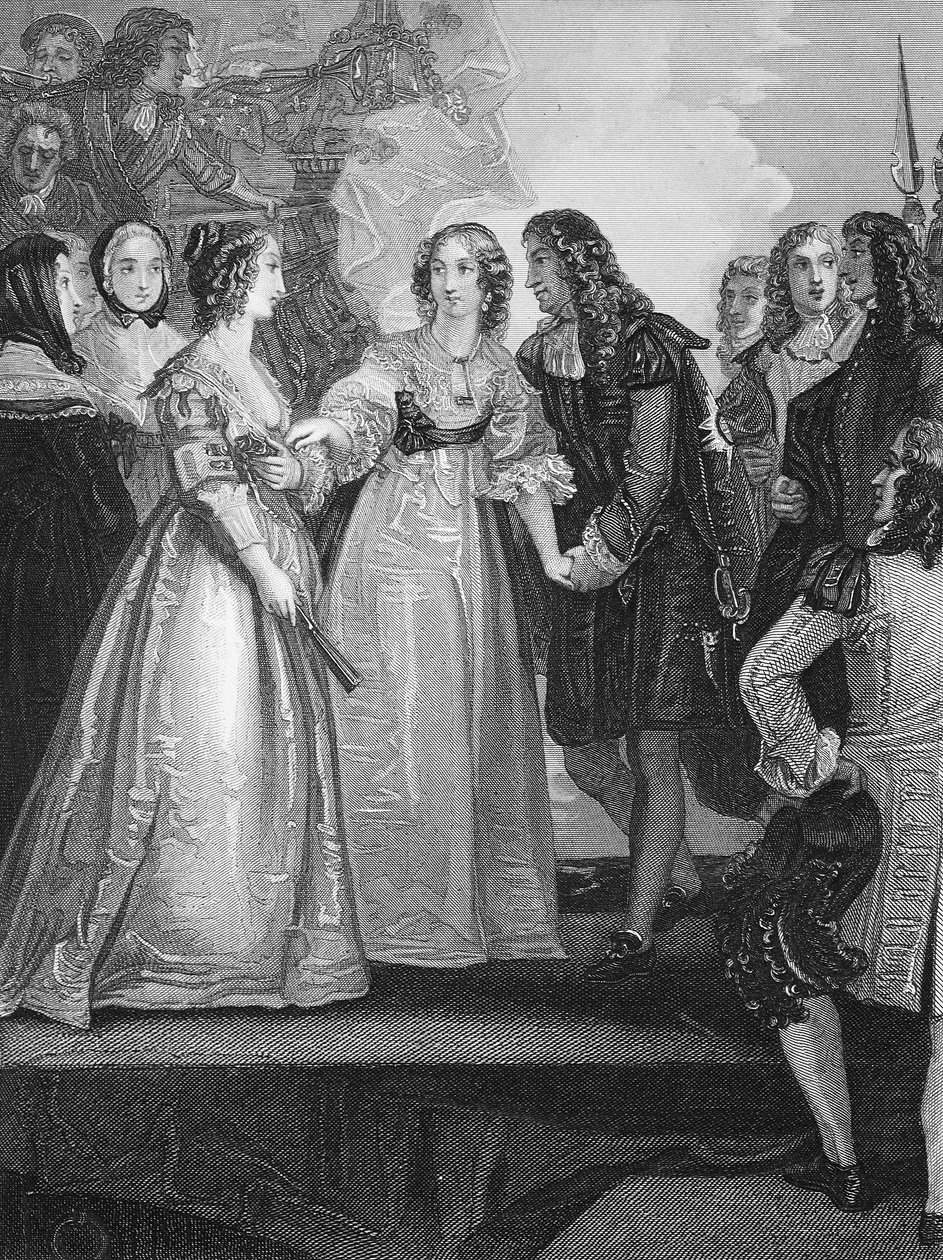 Karl II. empfängt die Herzogin von Orleans in Dover, graviert von A.H. Payne von Thomas Stothard