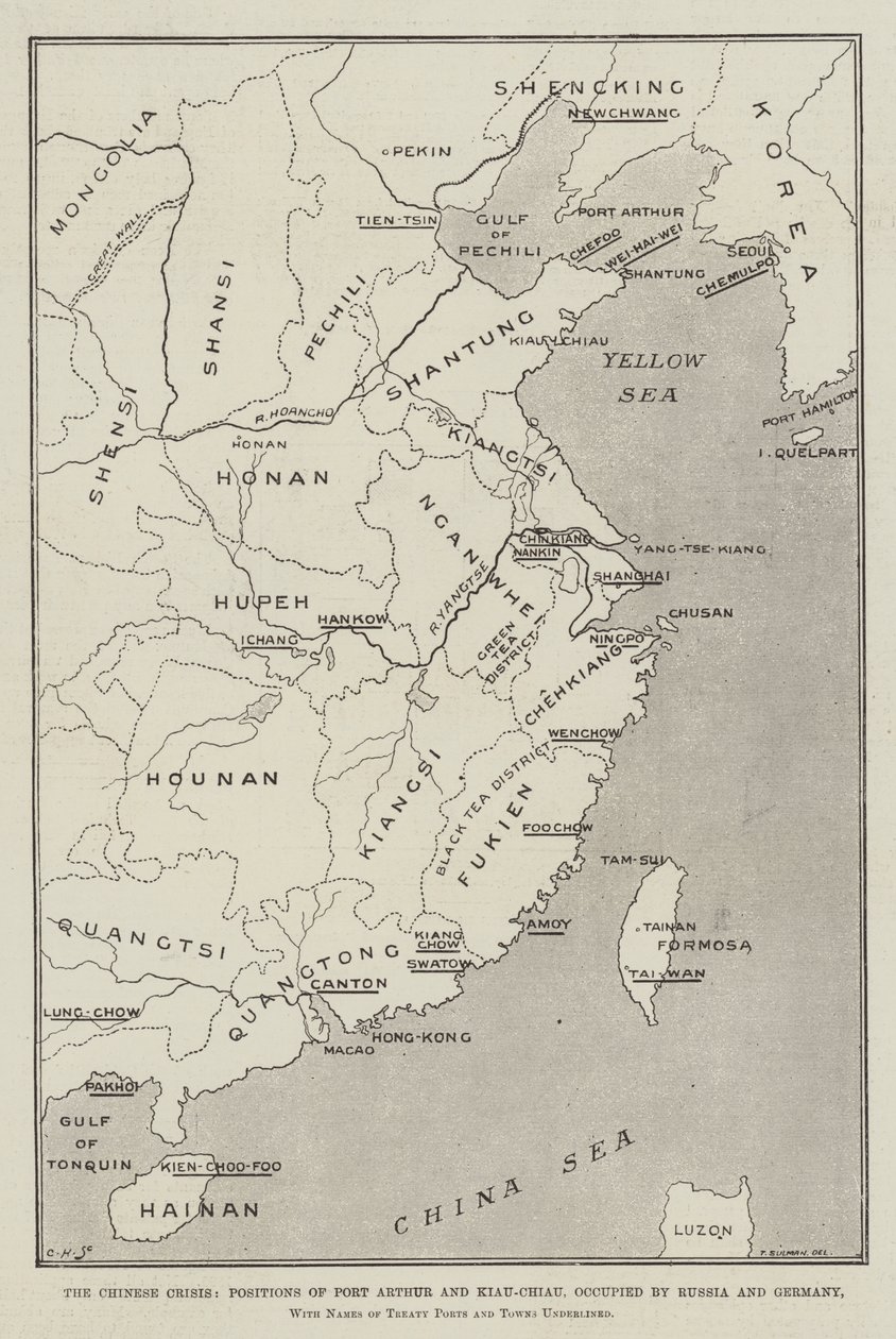 Die chinesische Krise, Positionen von Port Arthur und Kiau-Chiau, besetzt von Russland und Deutschland, mit unterstrichenen Namen der Vertragshäfen und Städte von Thomas Sulman