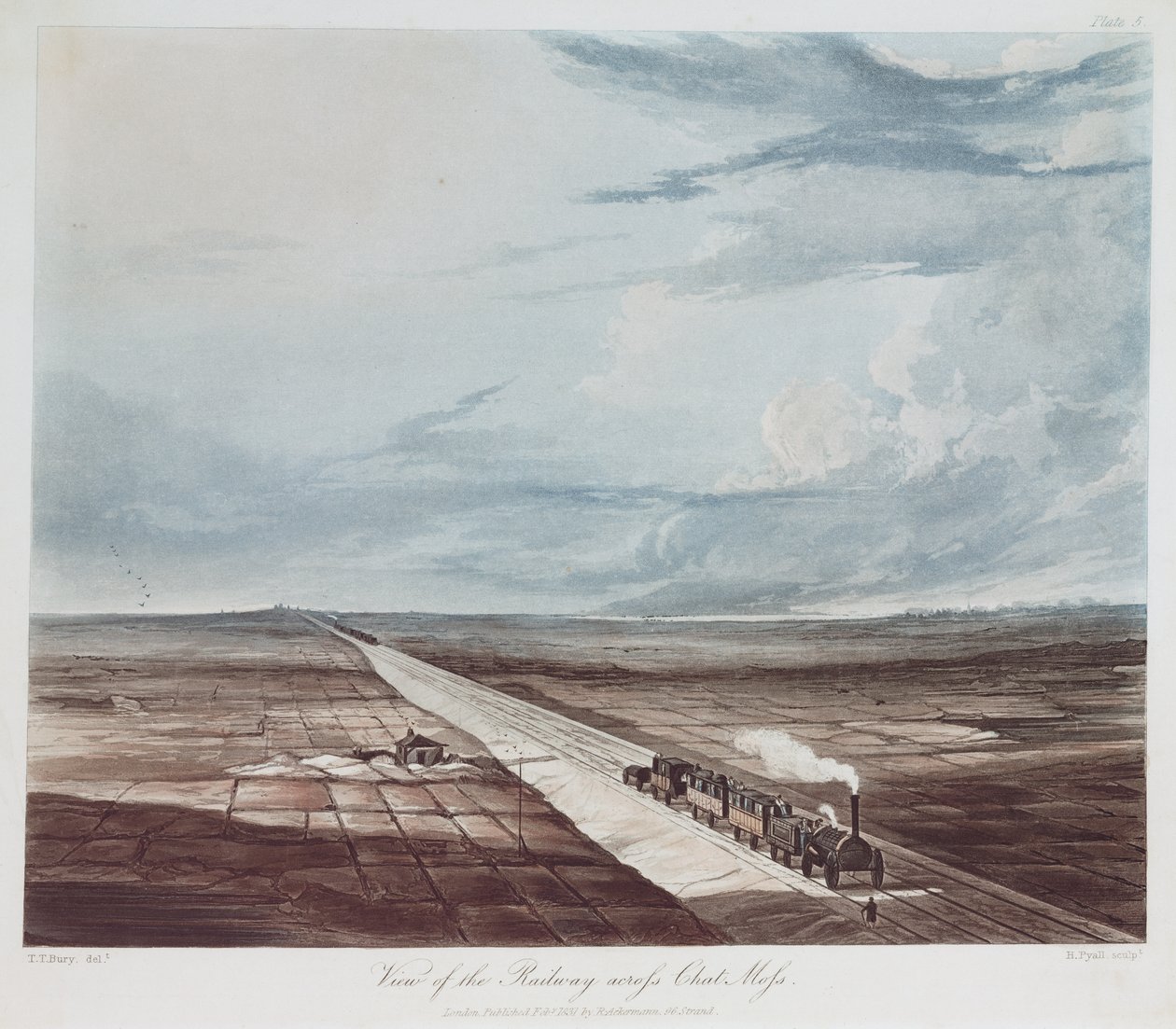 Ansicht der Eisenbahn über Chat Moss, graviert von Henry Pyall, 1831 von Thomas Talbot after Bury