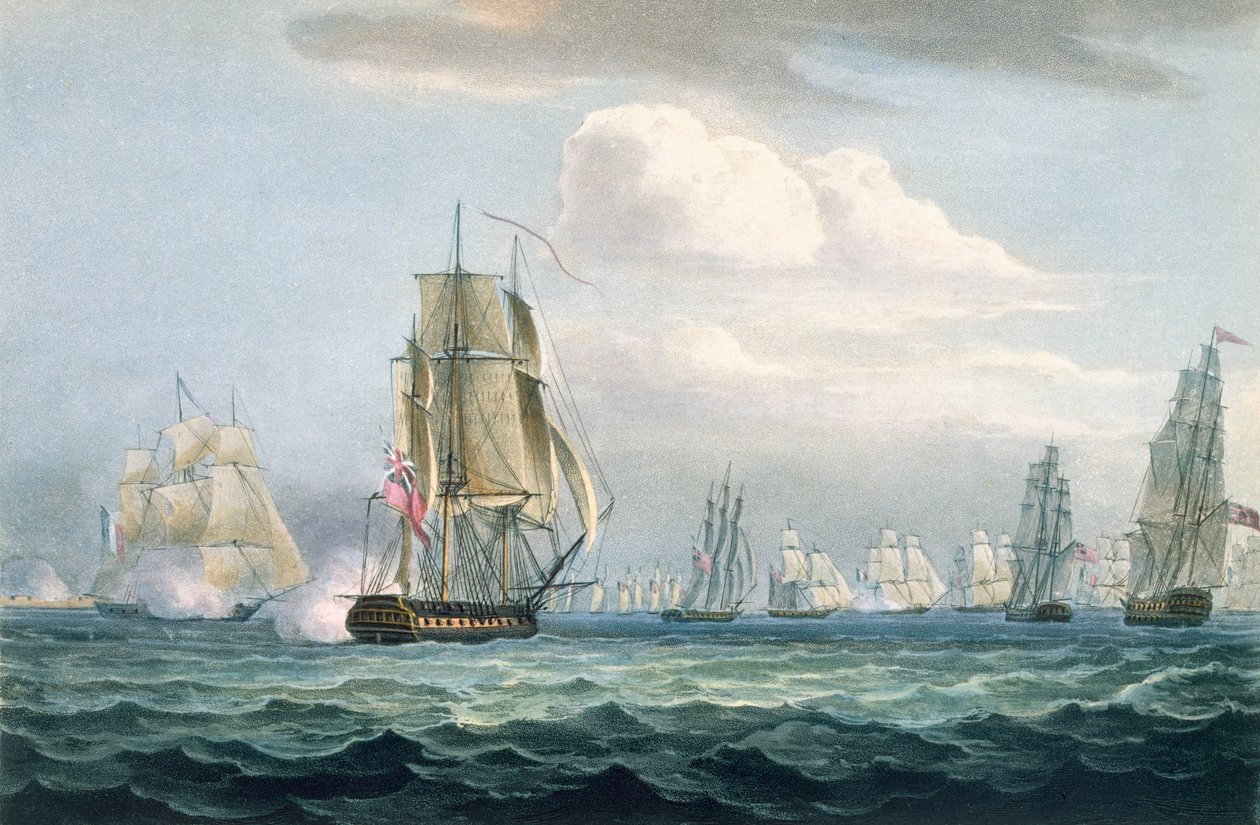 Sir Sidney Smiths Geschwader im Kampf mit einer französischen Flottille, 26. Mai 1804, graviert von T. Sutherland für 