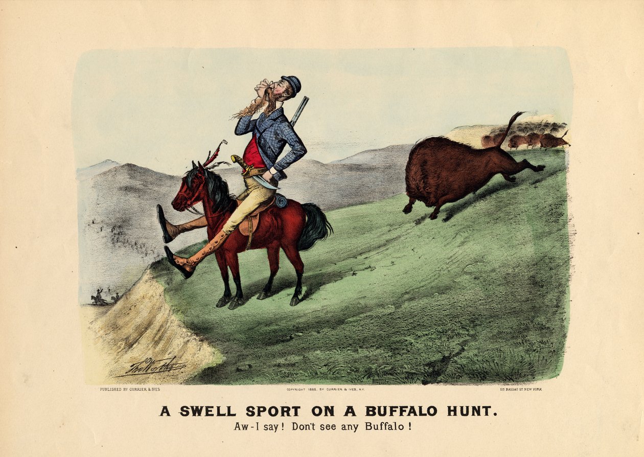 Ein eleganter Sportler auf Büffeljagd, veröffentlicht von Currier und Ives, 1882 von Thomas Worth