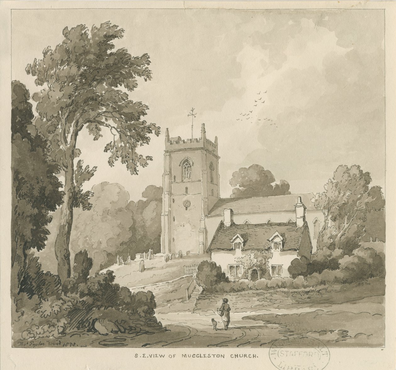 Mucklestone Church: Sepia-Waschzeichnung von Thomas Peploe Wood