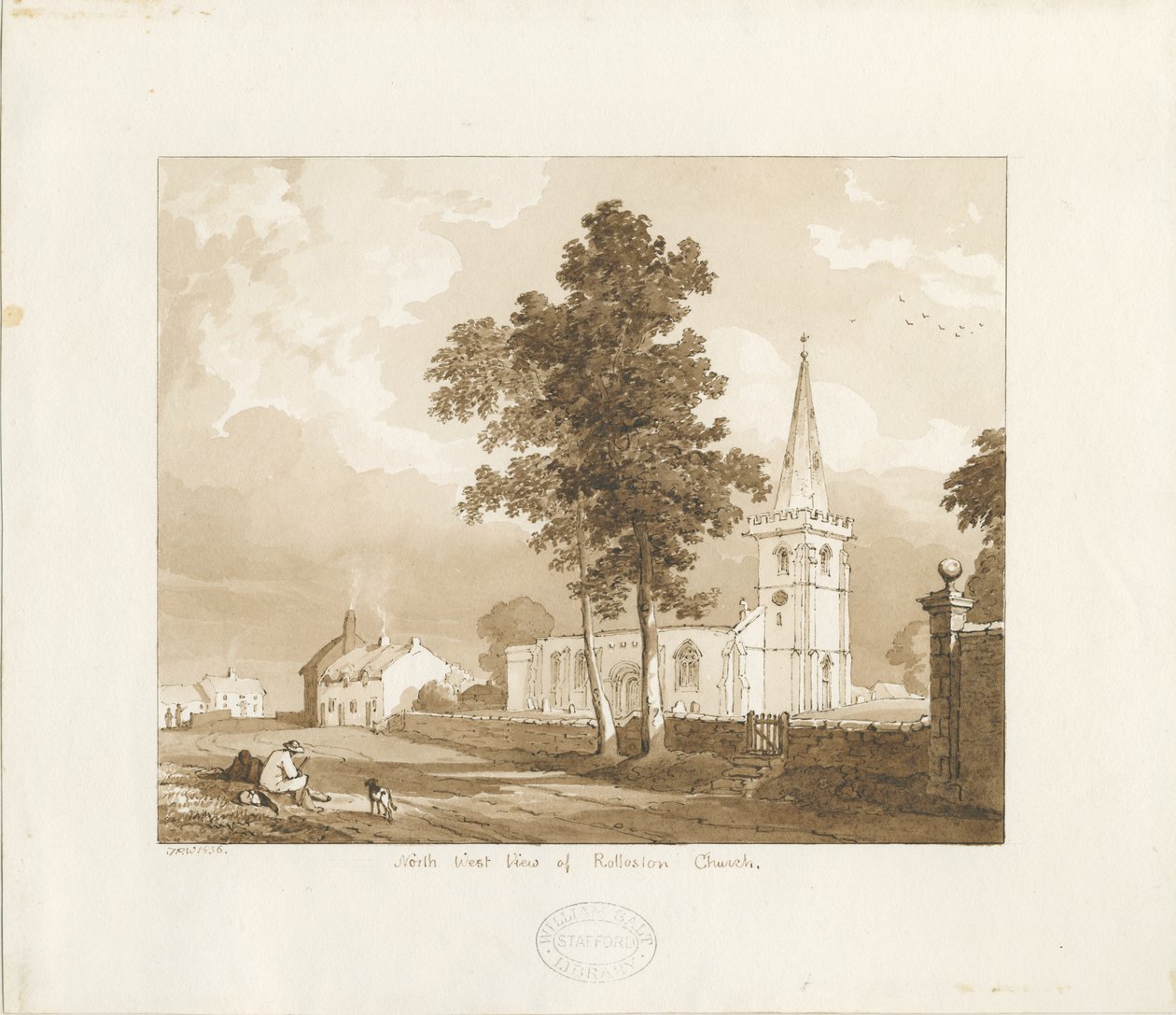 Rolleston Church: Rot-Sepiazeichnung, 1836 von Thomas Peploe Wood