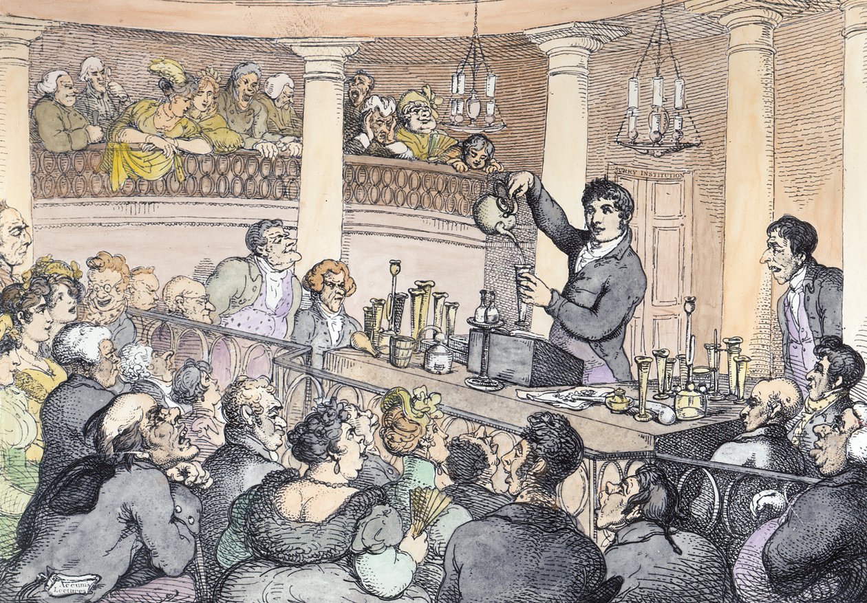 Chemievorlesungen, ca. 1809 (spätere Kolorierung) von Thomas Rowlandson