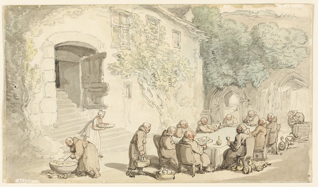 Mönche speisen im Freien (recto); Dorfstraße (verso) von Thomas Rowlandson