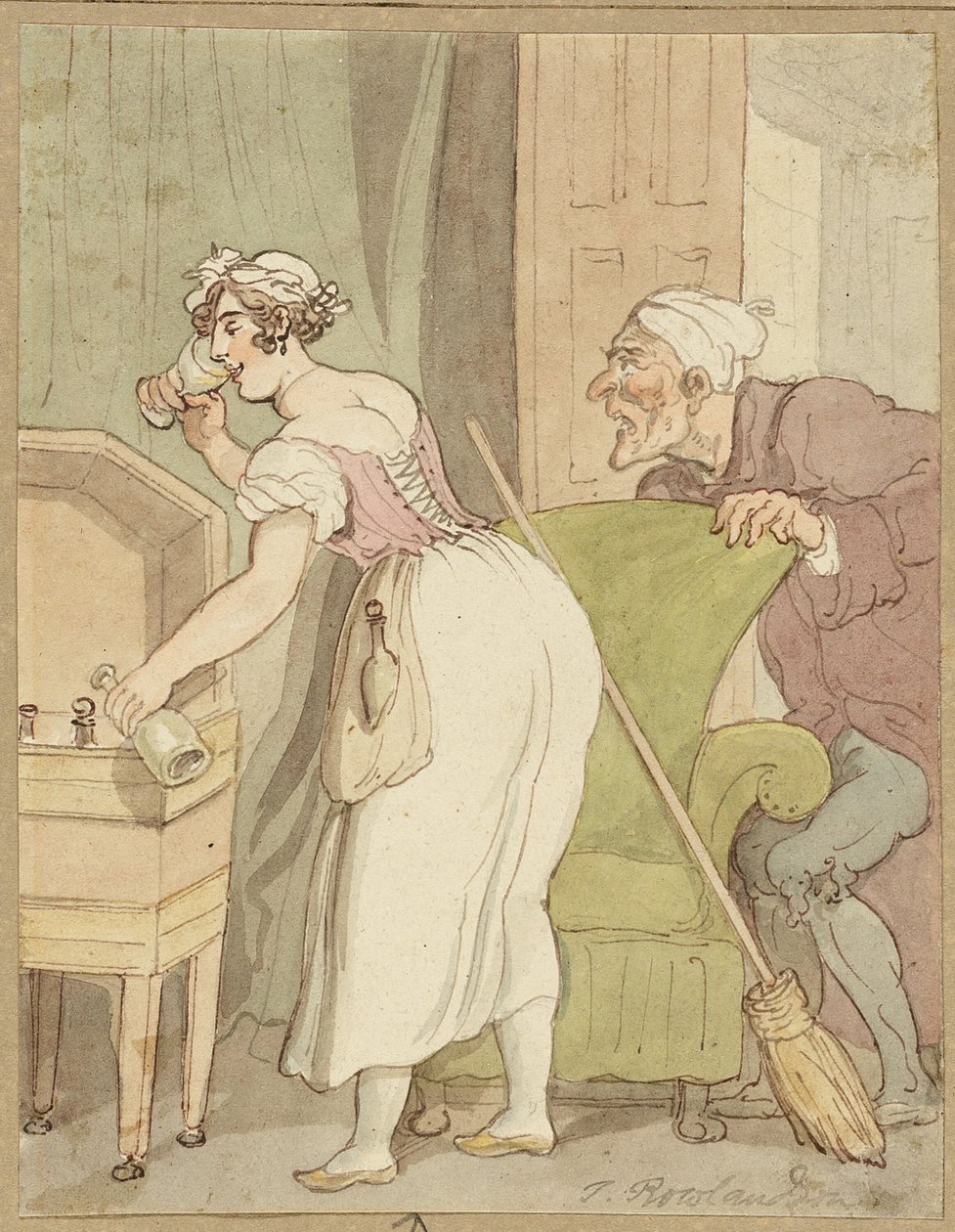 Frau beim Stehlen eines Getränks erwischt von Thomas Rowlandson