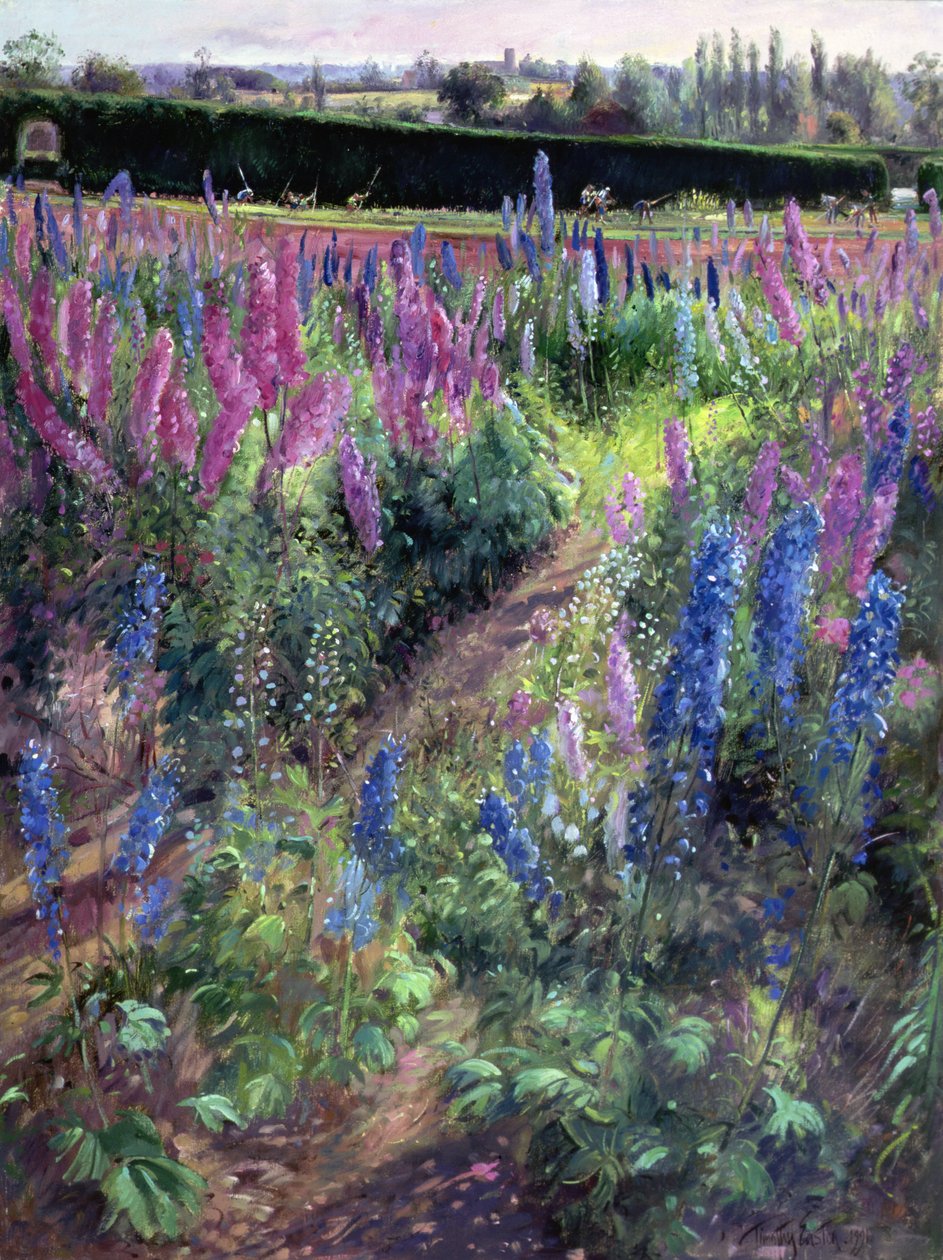 Delphinium-Feld und Pferde, 1991 von Timothy Easton