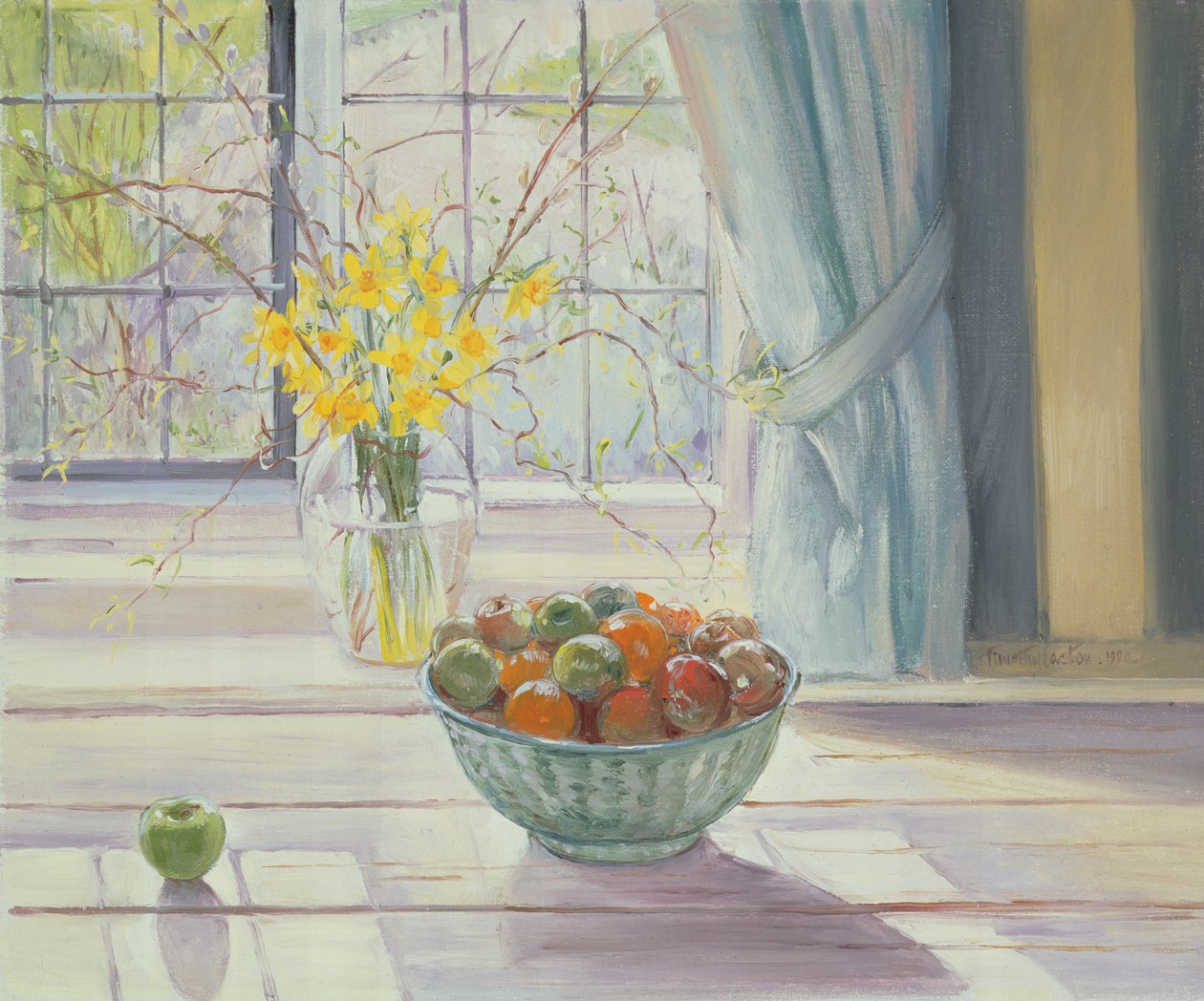 Obstschale mit Frühlingsblumen, 1990 von Timothy Easton