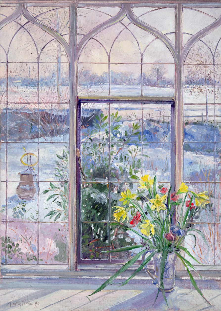 Narzissen und Sonnenuhr im Schnee von Timothy Easton