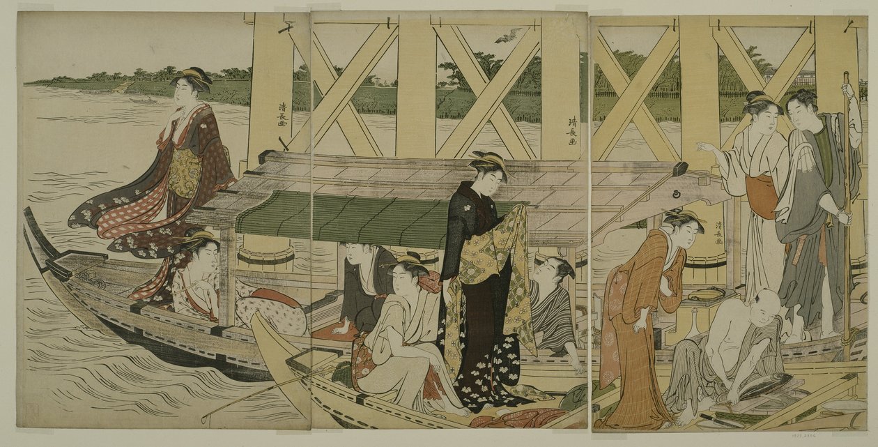 Vergnügungsboote unterhalb der Azuma-Brücke, ca. 1784 von Torii Kiyonaga