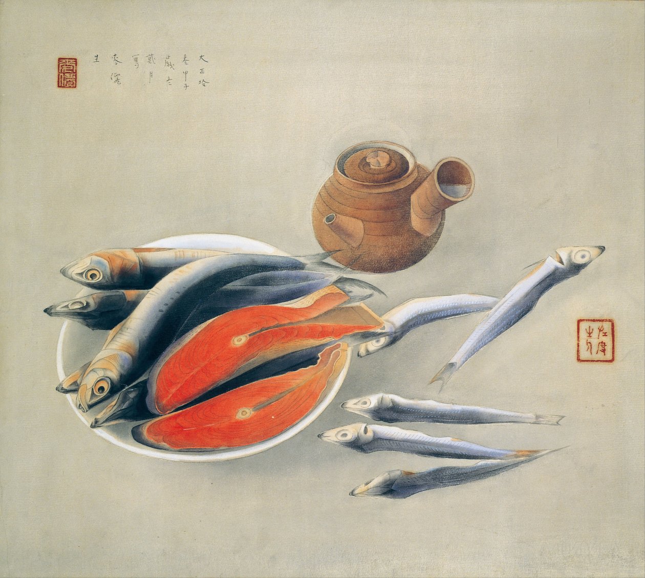 Stillleben. Lachsscheiben und Sardinen, 1924 von Tsuchida Bakusen