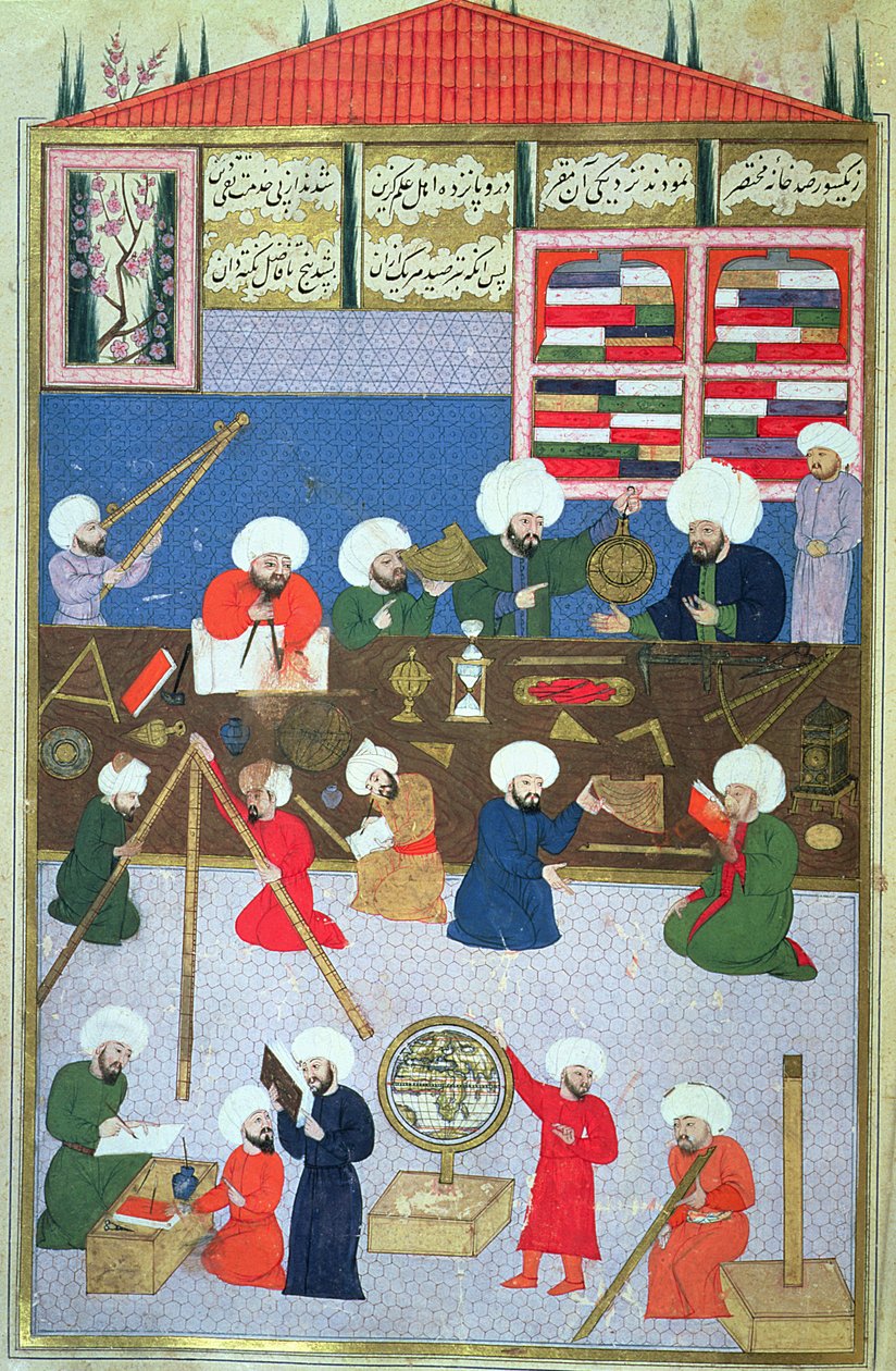 FY 1404 Takyuddin und andere Astronomen im Galata-Observatorium, gegründet 1557 von Sultan Suleyman, aus dem Sehinsahname von Murad III., ca. 1581 von Turkish School