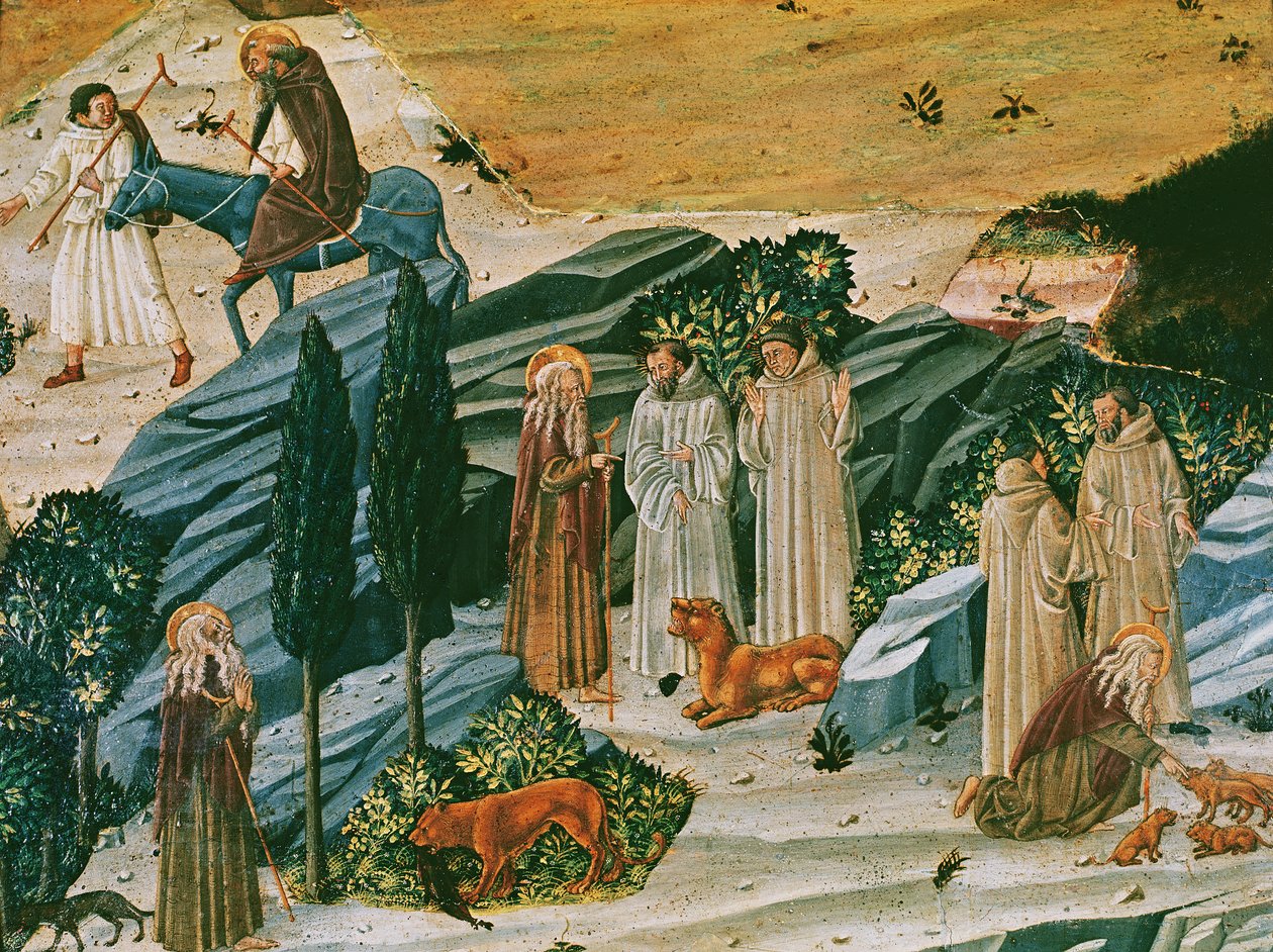 Heiliger Gerasimus in der Thebais-Wüste mit dem Löwen, den er zähmte, indem er einen Dorn aus seiner Pfote entfernte, ca. 1440 von Tuscan School