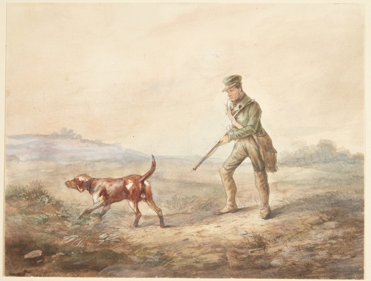 Landschaft mit einem Jäger und seinem Hund von Ubekendt