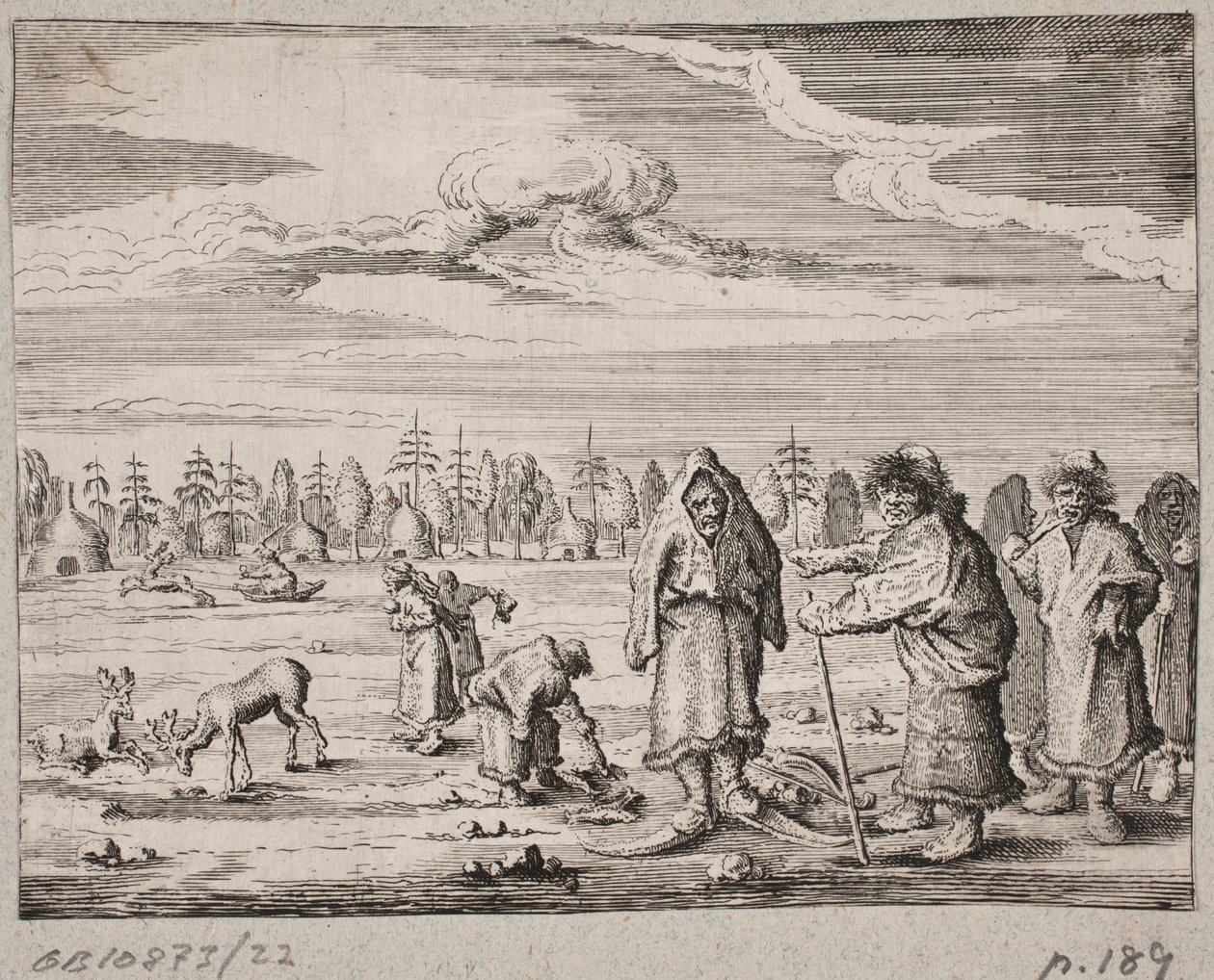 Nomaden mit Rentieren in einer schneebedeckten Landschaft von Ubekendt