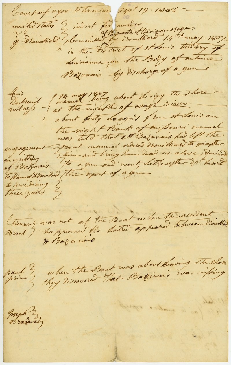 Drouillard wurde wegen des Mordes an Antoine Bazanais [Antoine Bissonet] an der Mündung des Osage River am 14. Mai 1807 angeklagt von Unbekannt Unbekannt
