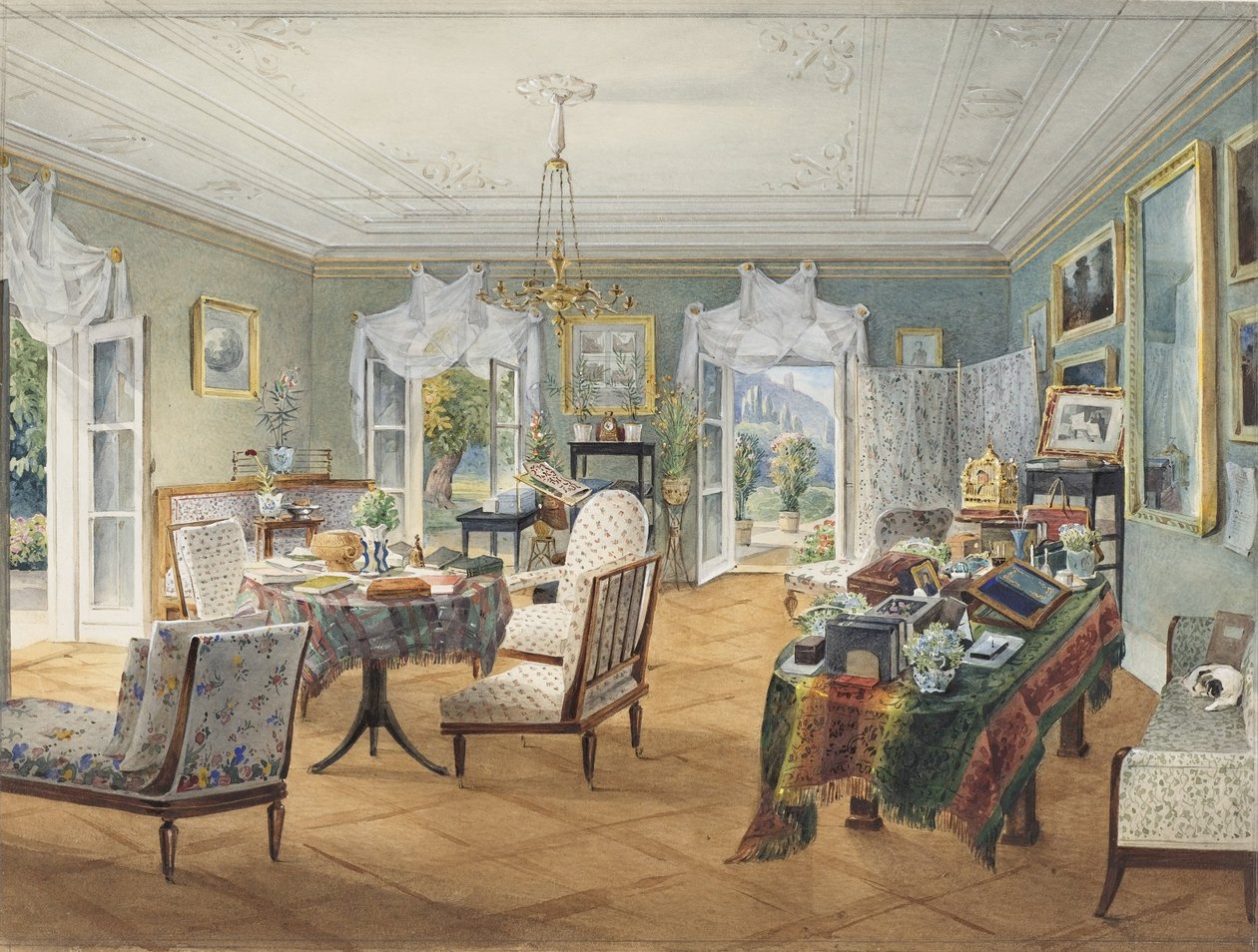 Ein Wohnzimmer, vielleicht in einer Landdatscha von Unbekannt Unbekannt