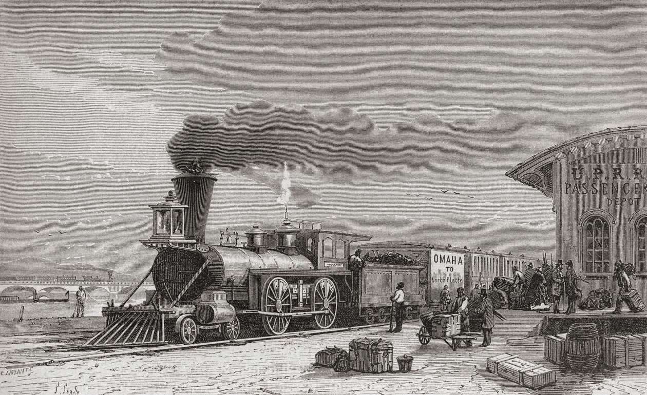 Der Bahnhof von Omaha, Nebraska, Ausgangspunkt der Pazifik-Eisenbahn, wie er 1867 war, Illustration aus 