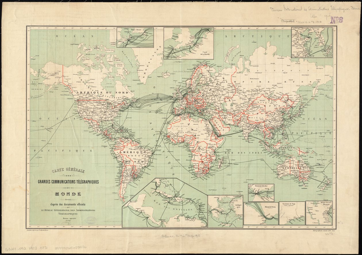 Weltkarte der Telegraphenlinien, veröffentlicht vom International Telegraph Bureau, 1901 von Unbekannt Unbekannt