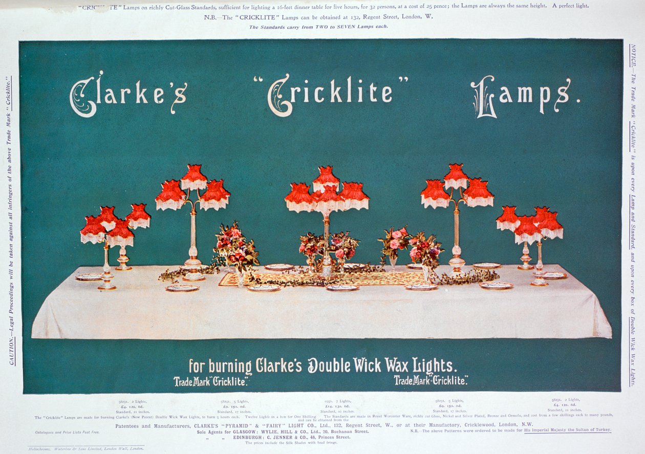 Werbung für Clarkes Cricklite Lampen, 1899 von Unbekannt