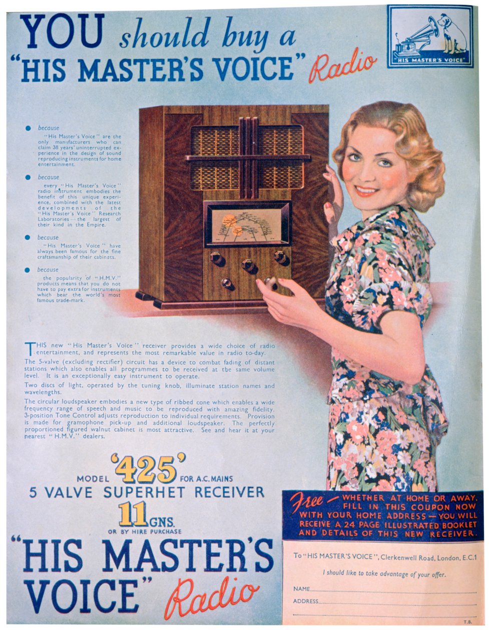 Werbung für His Masters Voice Radios, 1936 von Unbekannt