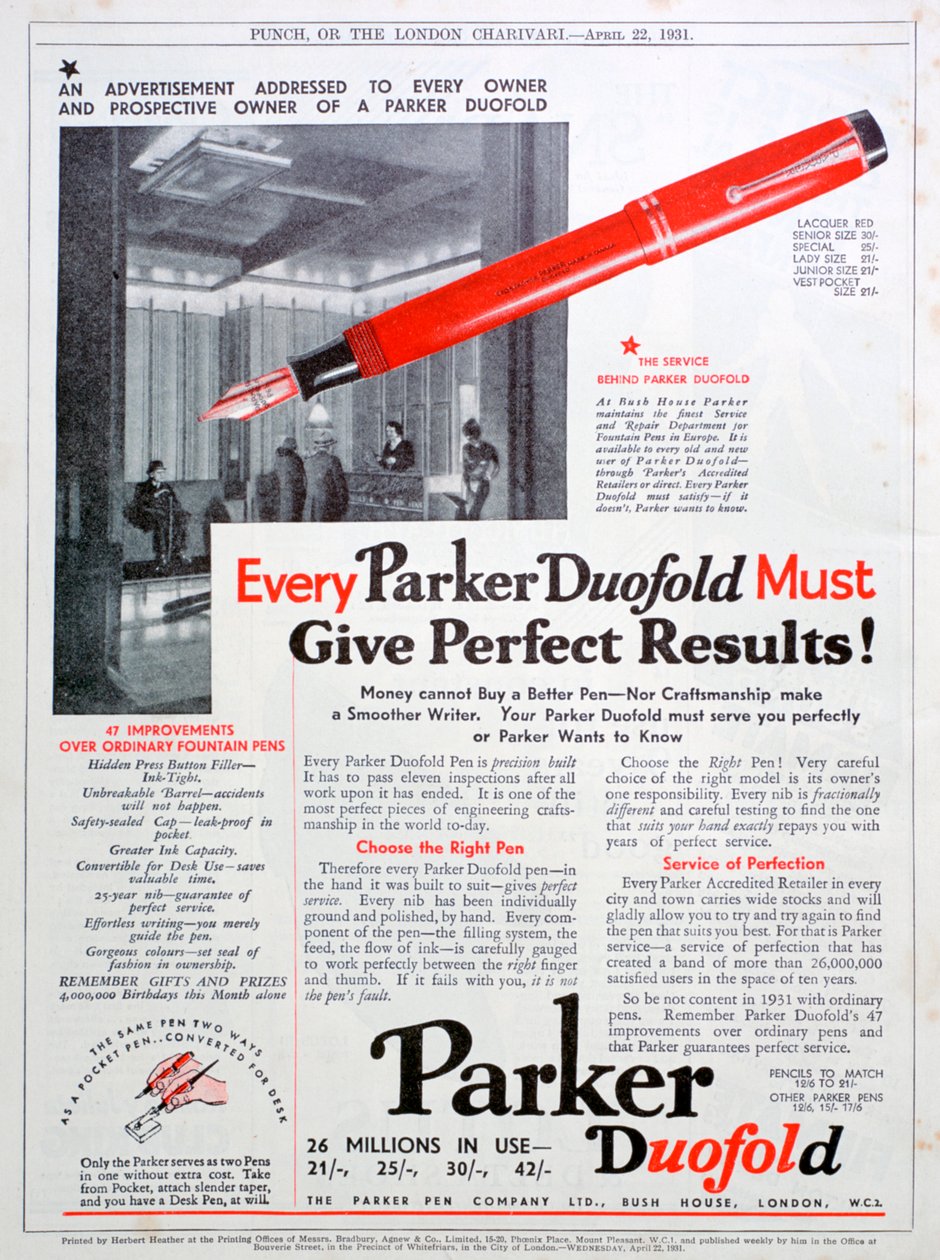 Werbung für Parker-Stifte, 1931 von Unbekannt