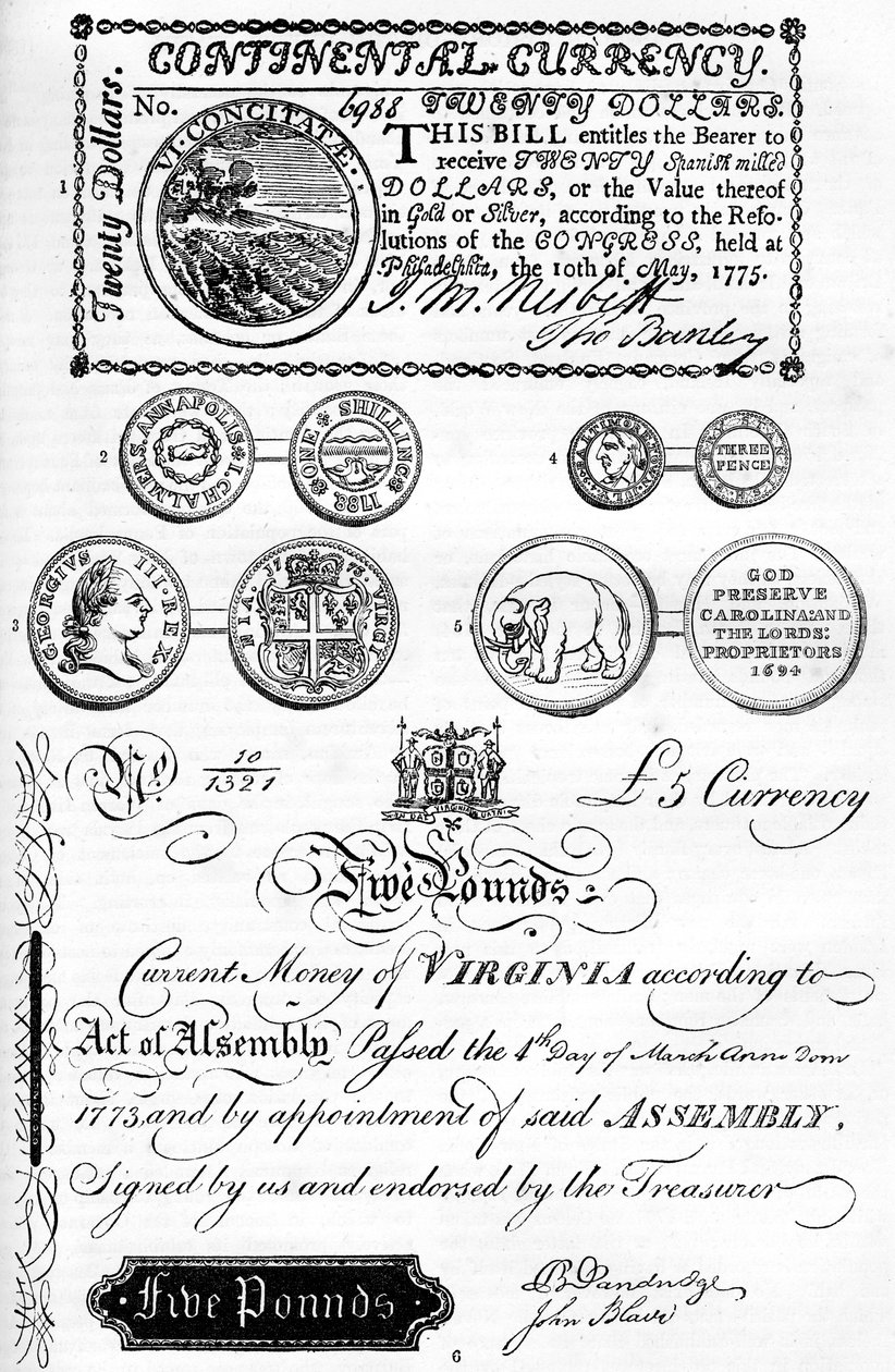 Amerikanische Münzen und Papiergeld, 17.-18. Jahrhundert, um 1880 von Unbekannt