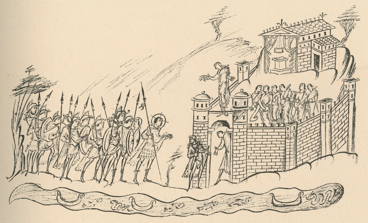 Angelsächsische Krieger nähern sich einer Festung, 1908 von Unbekannt