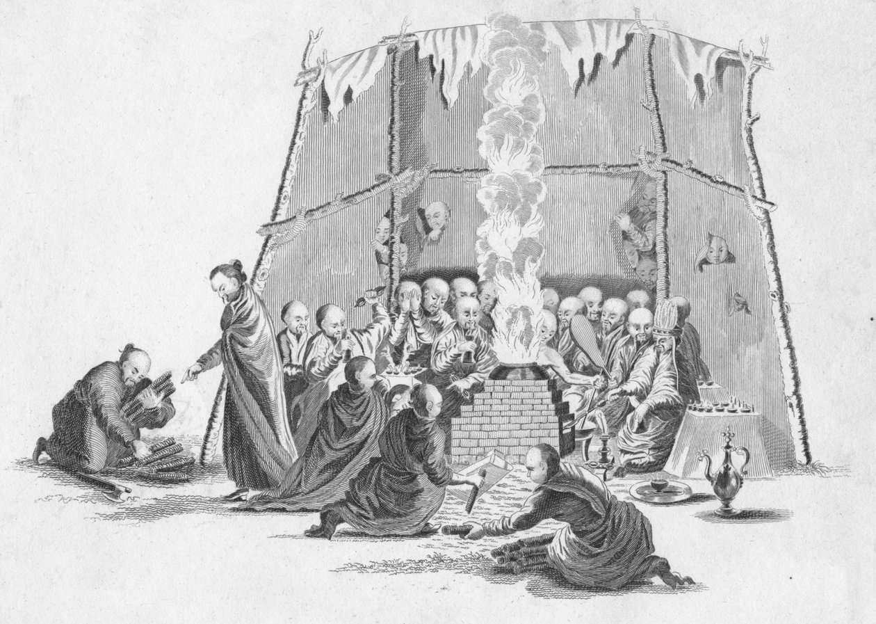 Verbrennung des toten Körpers eines Lama, um 1802 von Unbekannt