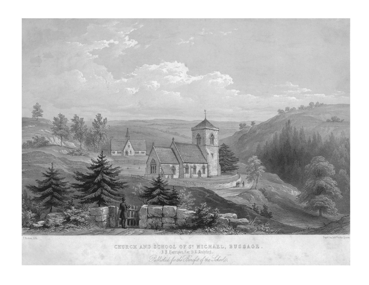 Kirche und Schule von St. Michael, Bussage, ca. 1800 von Unbekannt