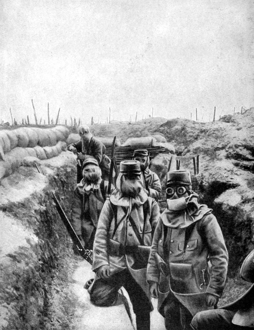 Französische Soldaten mit improvisierten Gasmasken, 1915 von Unbekannt