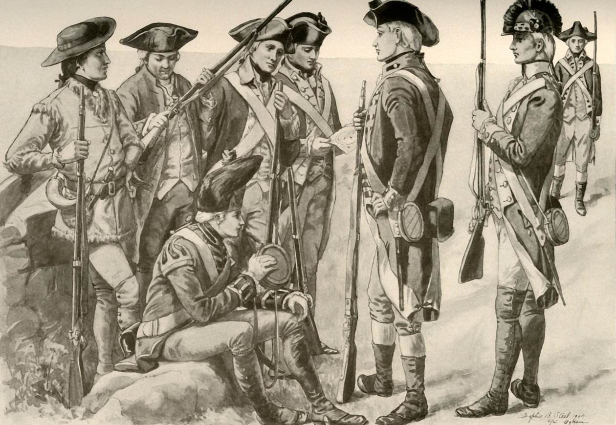 Militäruniformen in Amerika, ca. 1770, 1937 von Unbekannt