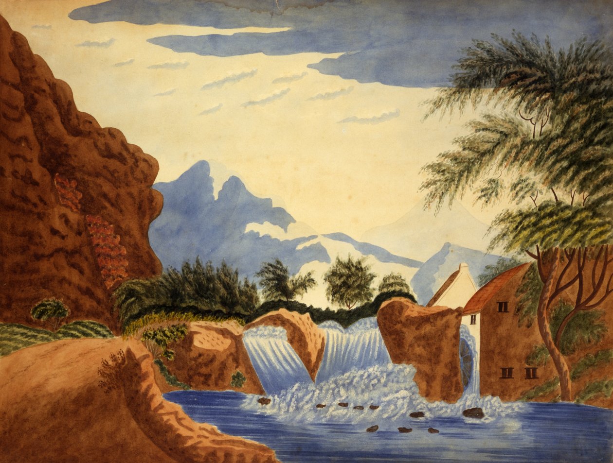 Bergszene und Wasserrad von Unbekannt