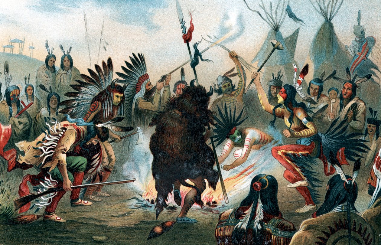 Oleographie eines Sioux-Kriegstanzes von Unbekannt