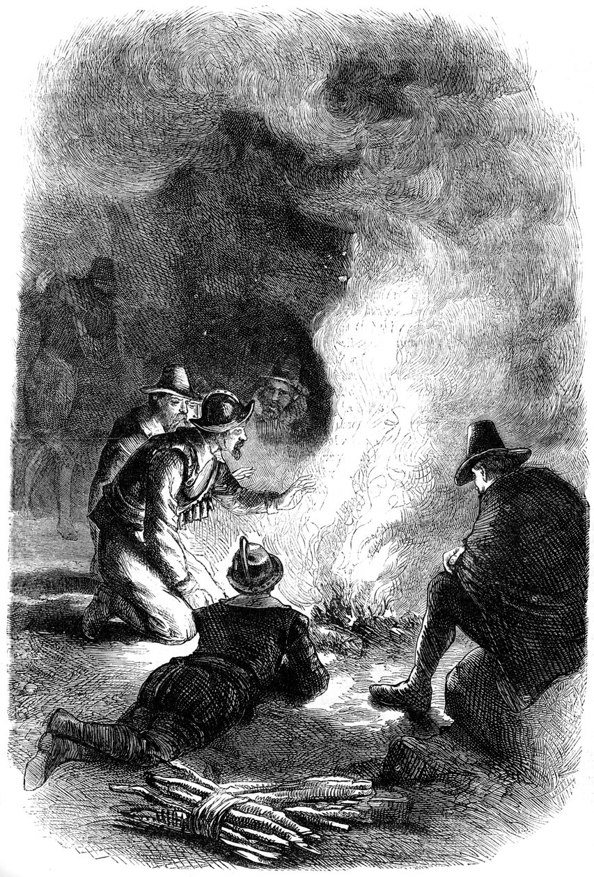 Pilgerväter um ein Wachfeuer, um 1620, um 1880 von Unbekannt