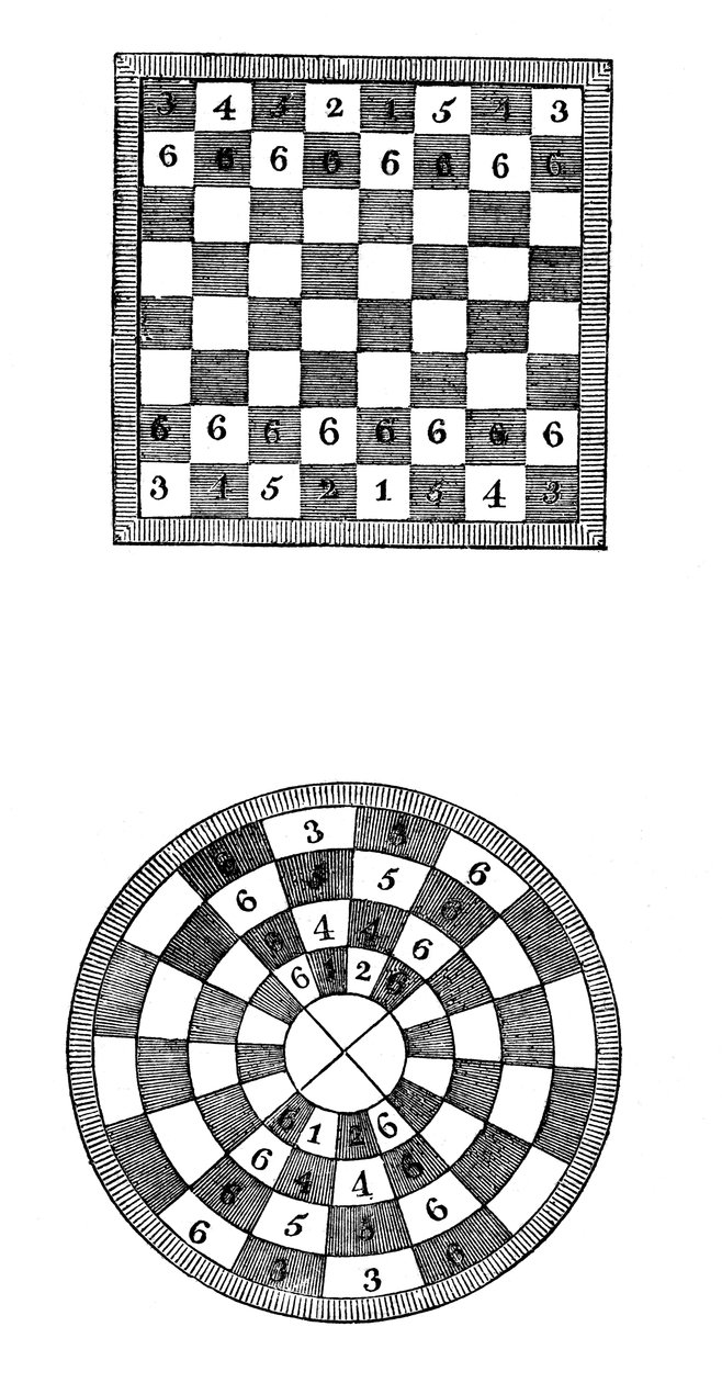 Quadratische und runde Schachbretter, 14. Jahrhundert, 1833 von Unbekannt