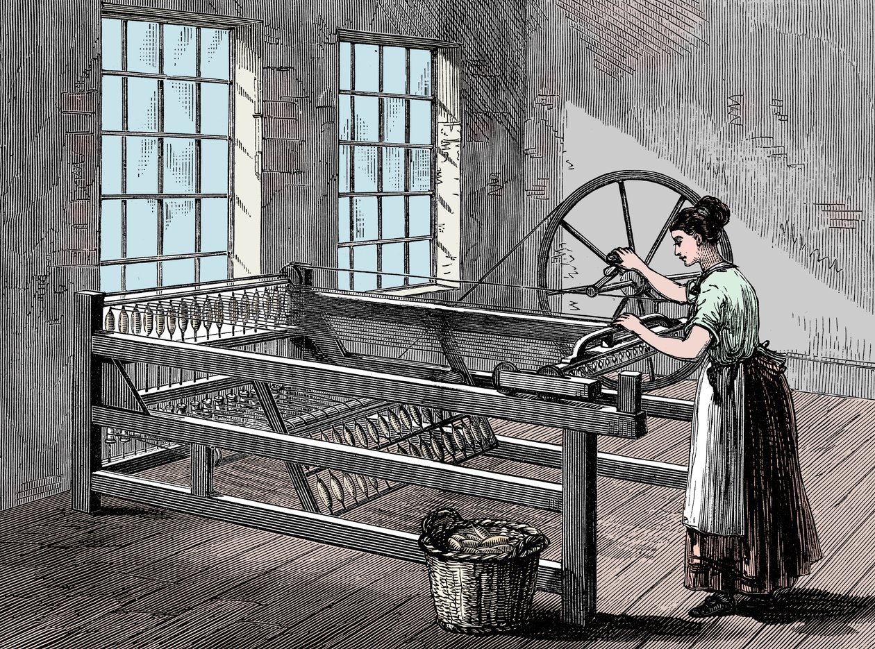 Frau benutzt eine Spinning Jenny, ca. 1880 von Unbekannt