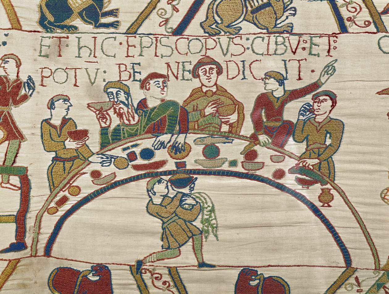 Bischof Odo segnet das Essen und den Wein, Teppich von Bayeux von Unbekannt Unbekannt
