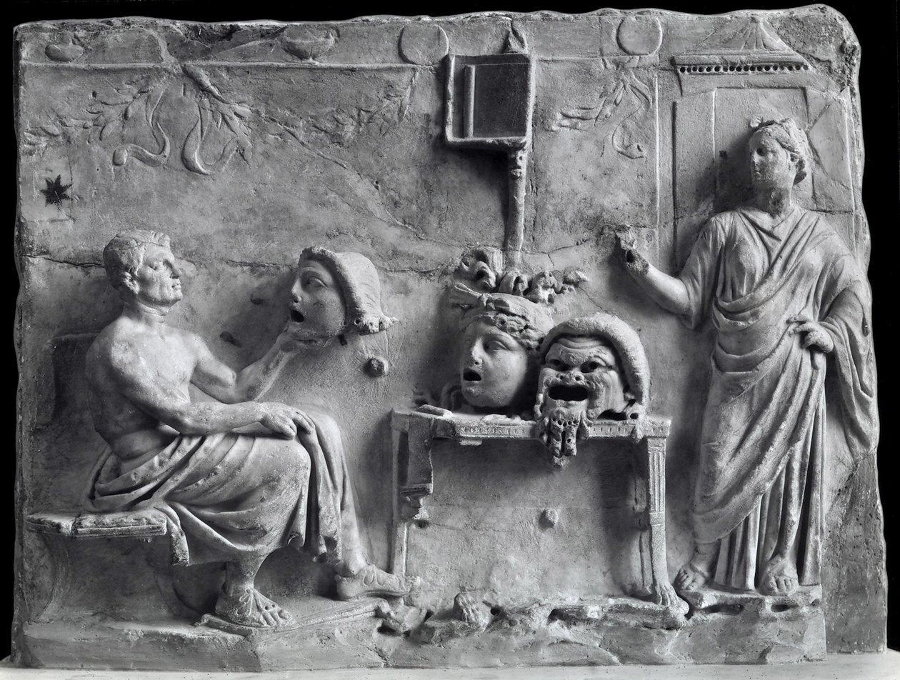 Relief, das Menander mit Theatermasken darstellt, Kopie eines griechischen Originals von Unbekannt Unbekannt