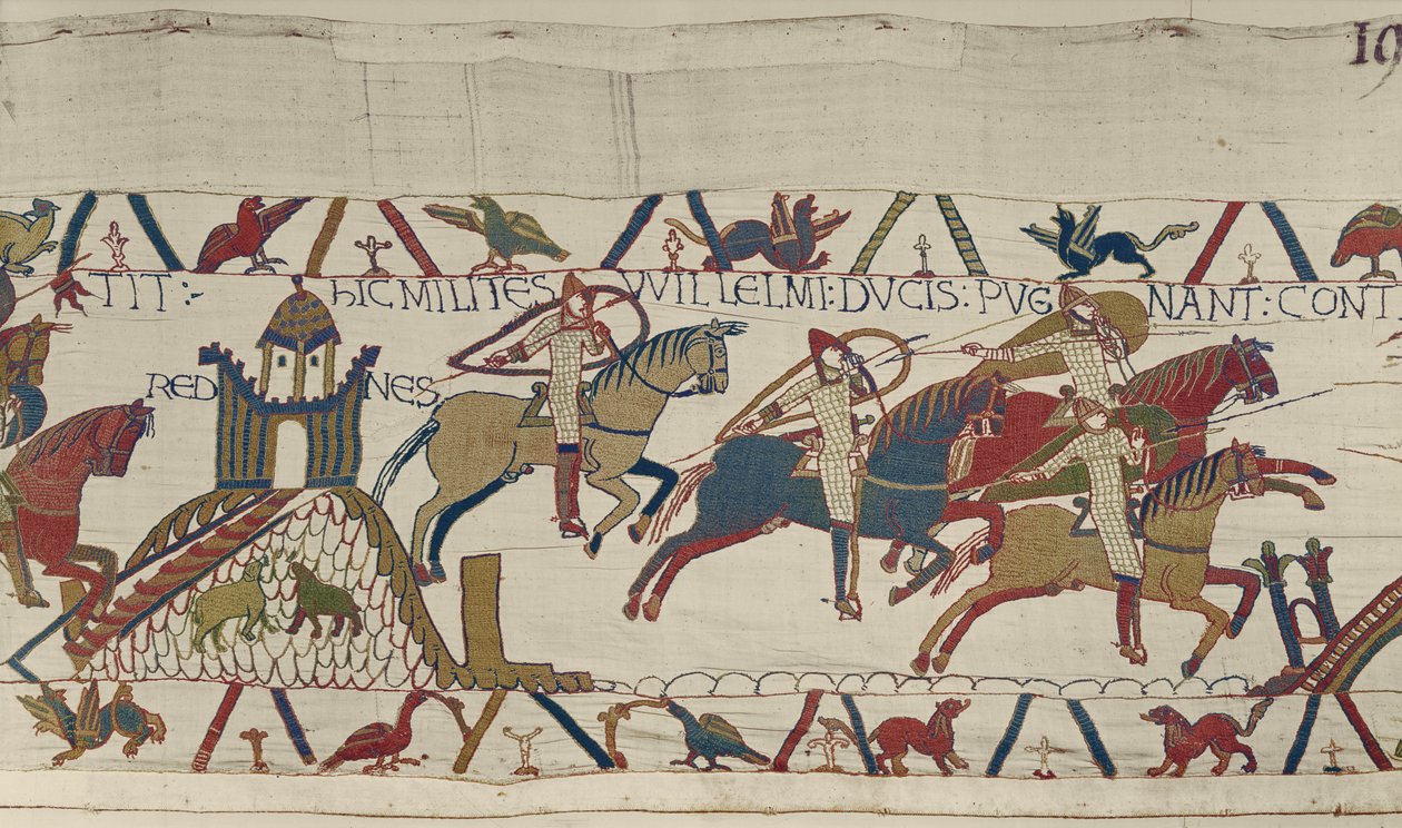 Herzog Williams Soldaten reiten an Rennes vorbei auf der Jagd nach Herzog Conan von Bretagne, Teppich von Bayeux von Unbekannt Unbekannt