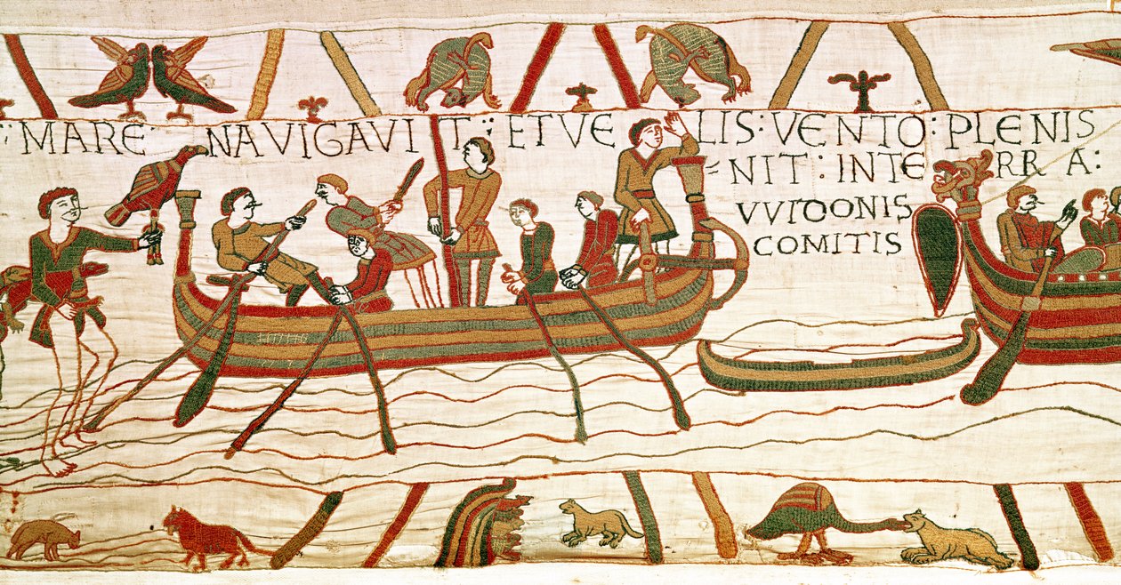 Harold überquert den Kanal in das Gebiet von Graf Guy von Ponthieu, Teppich von Bayeux von Unbekannt Unbekannt