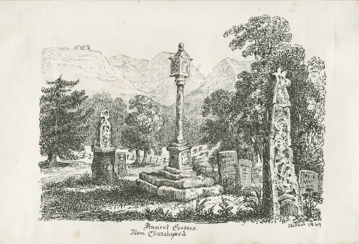 Ilam Kirche - Alte Kreuze: Lithographie, 1849 von Unbekannt