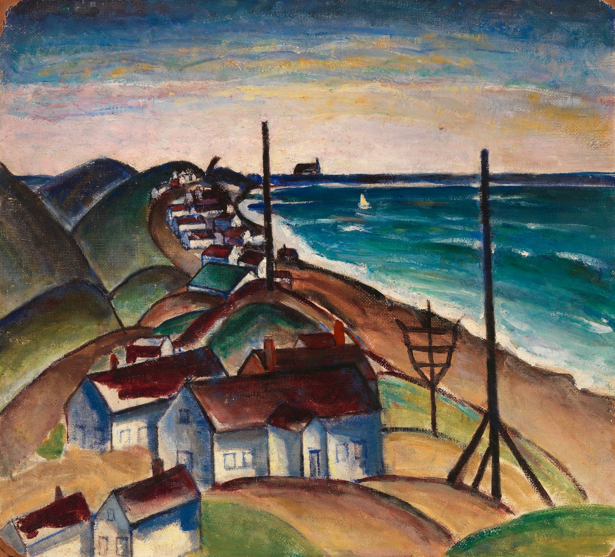 Ohne Titel (Meereslandschaft mit Häusern am Strand) von Unidentified